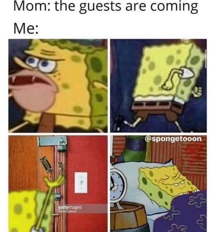 Caveman spongebob meme hiding from guests at home