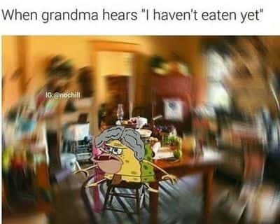 Caveman SpongeBob meme rushing to feed you when you haven't eaten