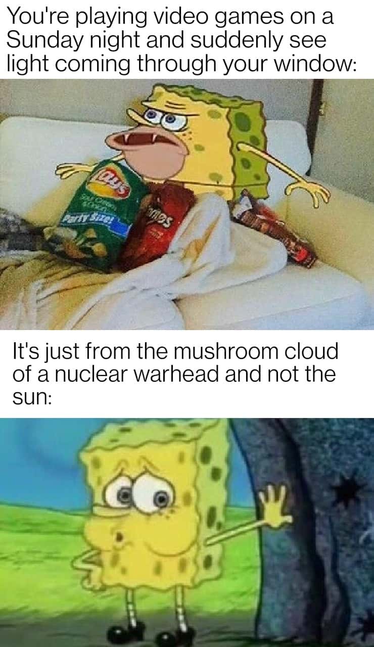 Caveman SpongeBob meme panicking at nuclear blast light