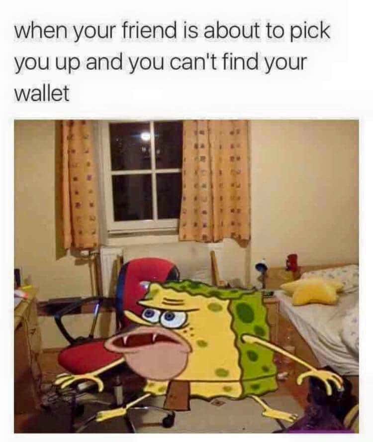 Caveman SpongeBob meme panicking to find wallet before friend picks up
