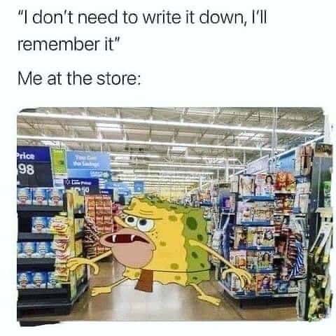Caveman SpongeBob meme forgetting shopping list at store