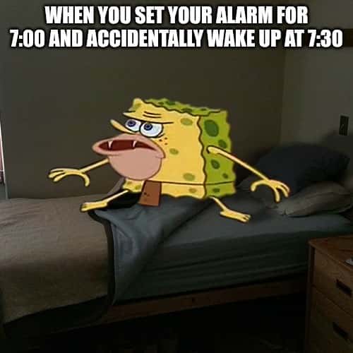 Caveman SpongeBob meme oversleeps