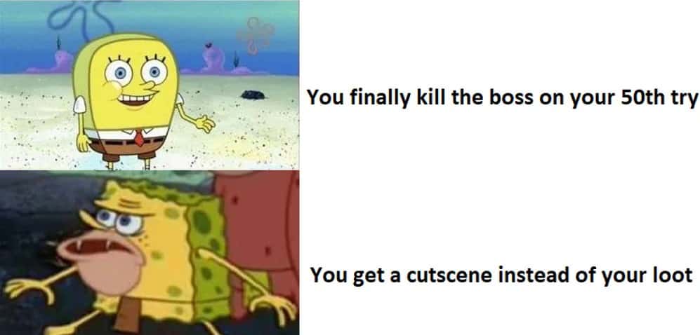 Caveman spongebob meme reaction to no loot after boss fight