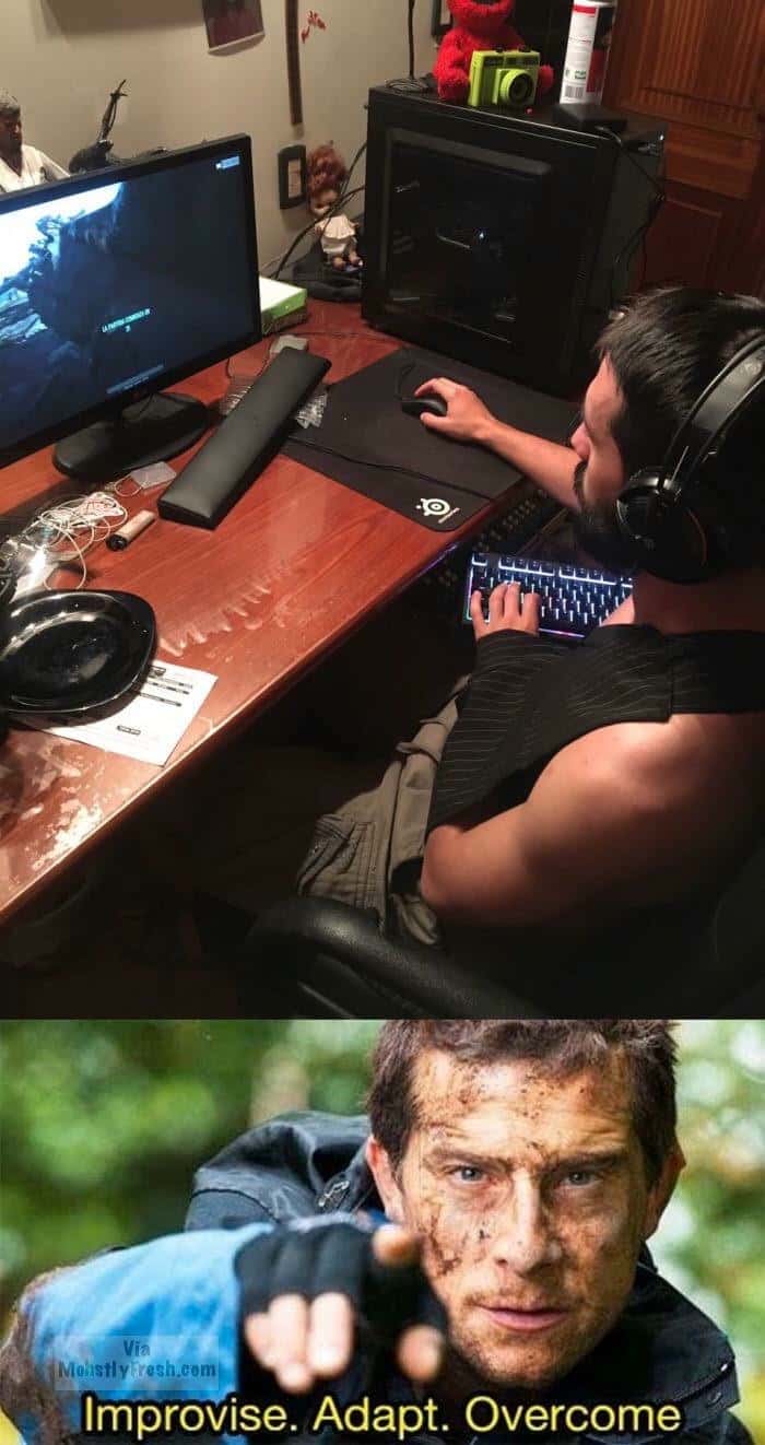 Improvise Adapt Overcome meme gaming one-handed