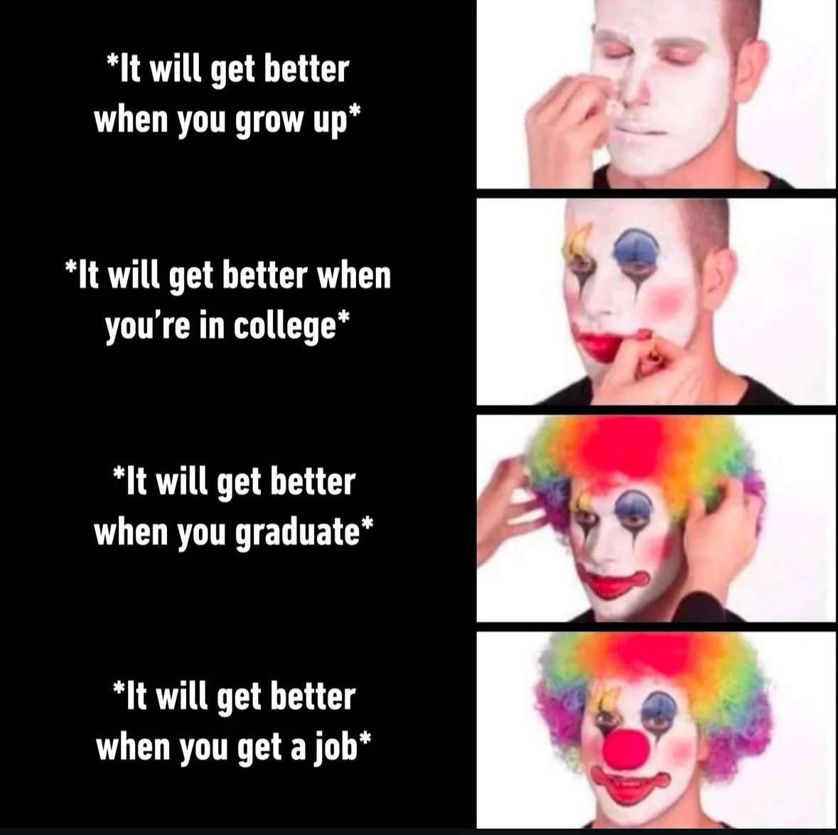 Putting on clown makeup meme waiting for life to get better