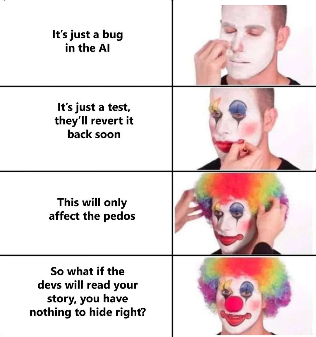 Putting on clown makeup meme justifying bad ai updates