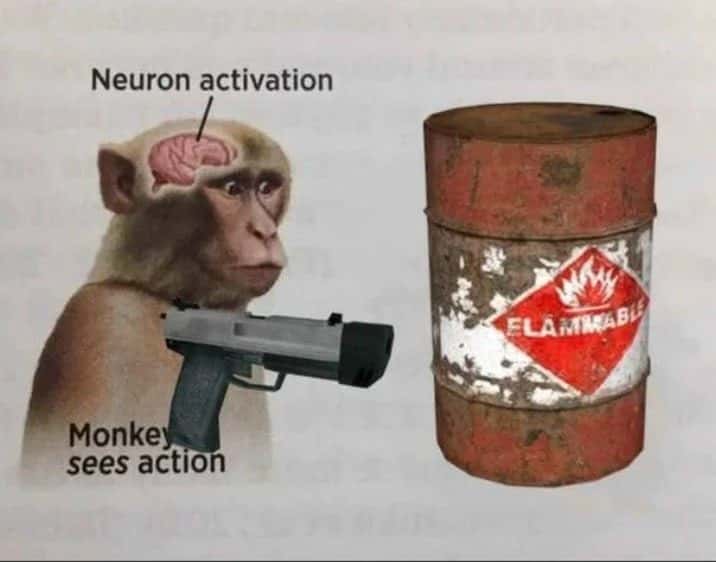Neuron activation meme aims gun at flammable barrel Neuron activation meme aims gun at flammable barrel