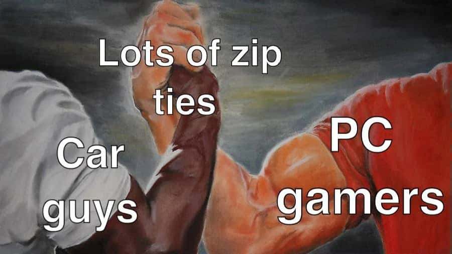 Epic handshake meme car guys and pc gamers agree on zip ties