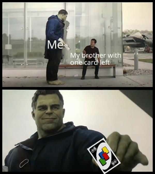 Hulk taco meme giving last Uno card to brother