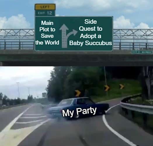 Car swerve meme choosing side quest to adopt baby succubus