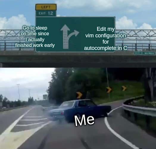 Car swerve meme edits vim config for C autocomplete