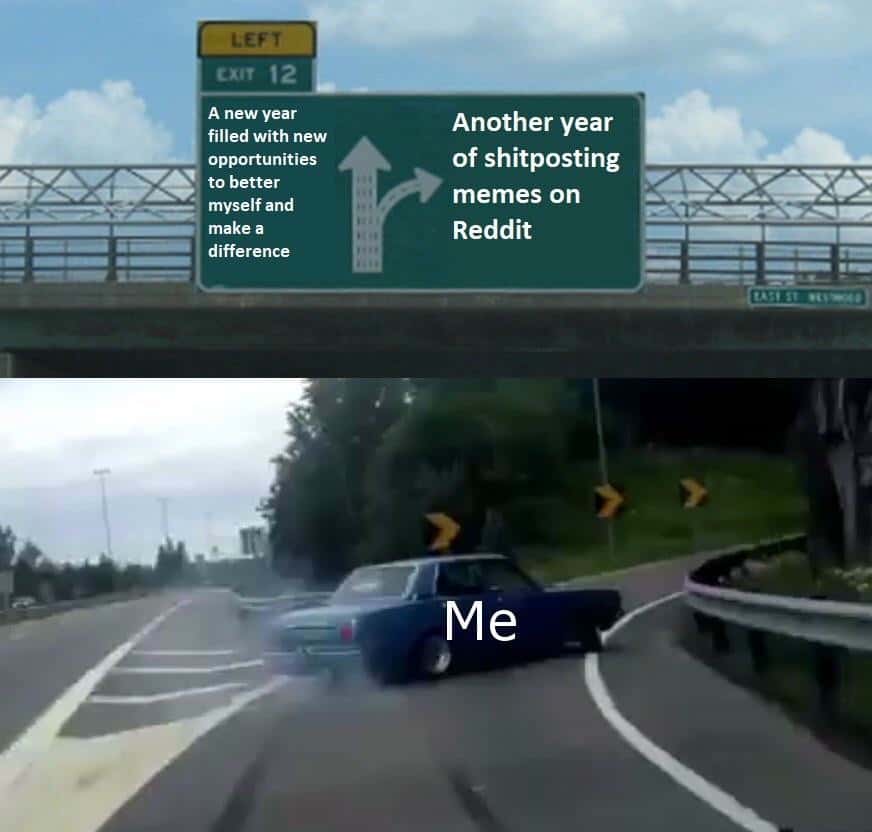 Car swerve meme choosing Reddit shitposting over self-improvement
