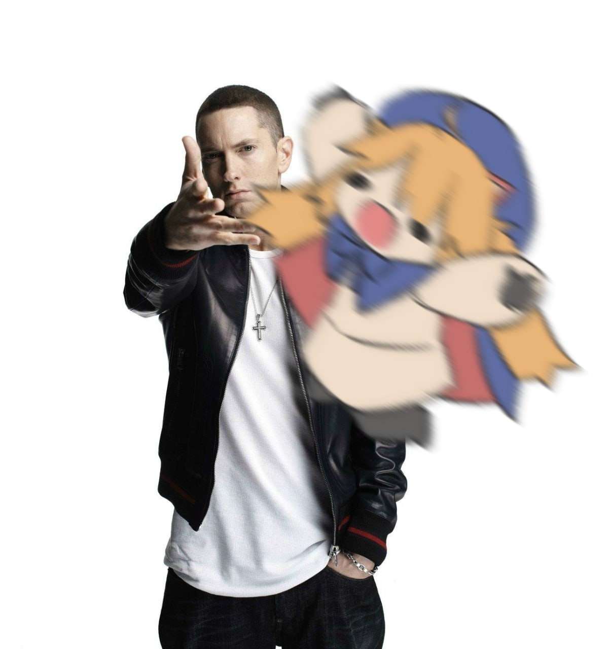 Eminem throwing meme launching a chibi anime character