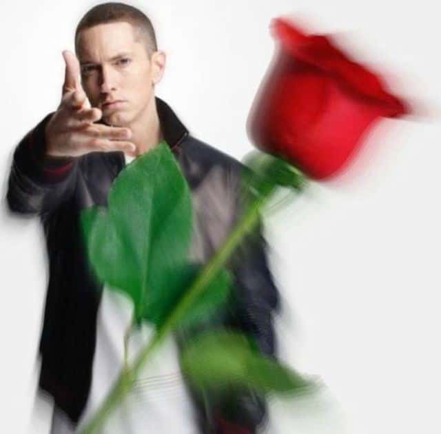 Eminem throwing meme launching a speeding red rose