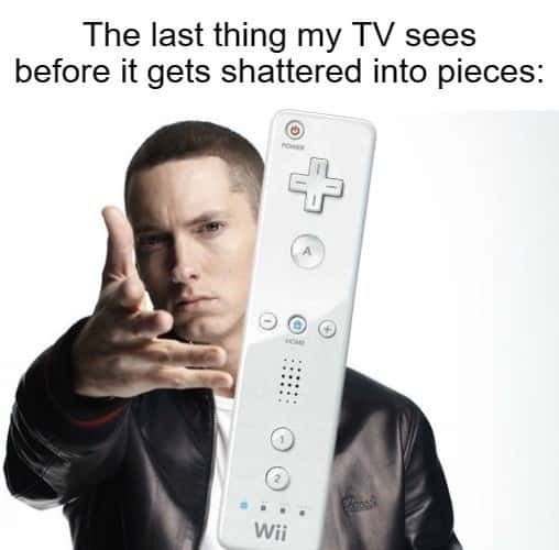 Eminem throwing meme launching wii remote at tv screen
