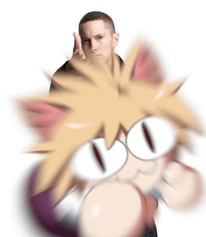 Eminem throwing meme at speeding neco arc cat character