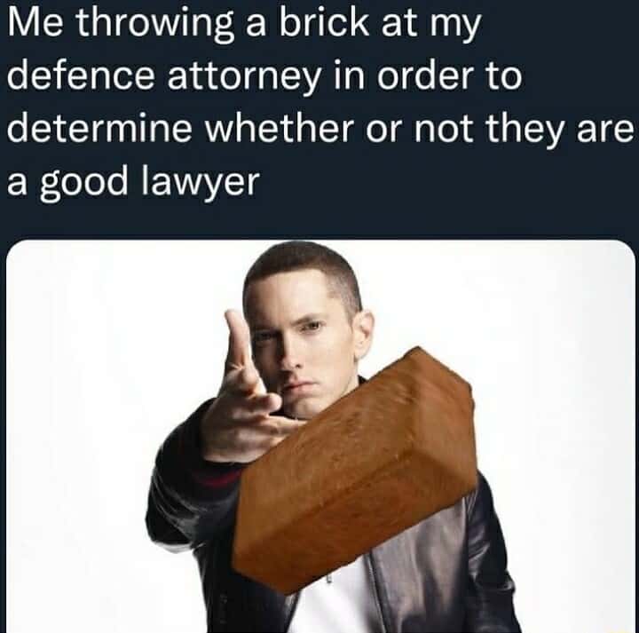 Eminem throwing meme brick test for good defence attorney