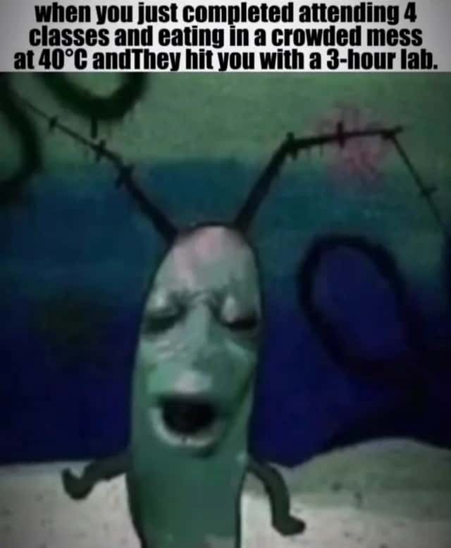 Plankton moaning meme tired after classes hit with 3-hour lab