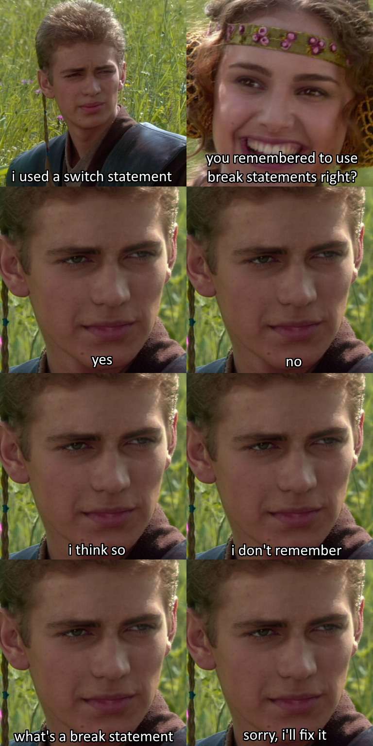 Anakin and Padmé meme forgot break statements in switch
