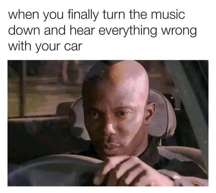 Doakes sus meme driving in shock after turning music down and hearing all wrong issues with your car