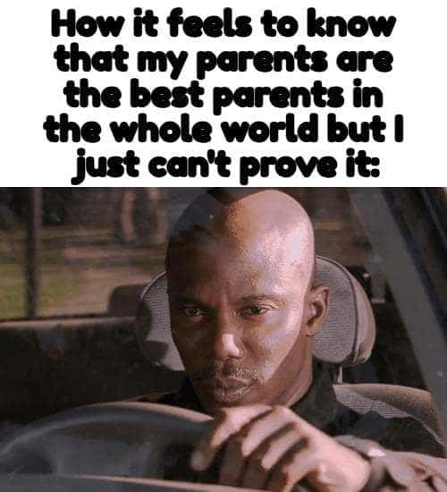 Doakes sus meme sitting in car with suspicious look, can't prove his parents are the best in the world