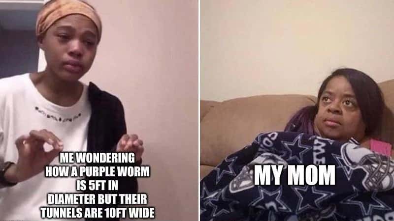Me explaining to my mom meme wondering how 5ft purple worm makes 10ft wide tunnels Me explaining to my mom meme wondering how 5ft purple worm makes 10ft wide tunnels