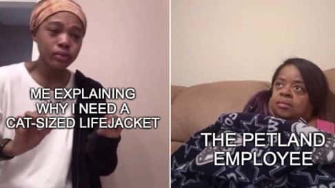Me explaining to my mom meme asking for a cat-sized lifejacket to unimpressed petland employee Me explaining to my mom meme asking for a cat-sized lifejacket to unimpressed petland employee