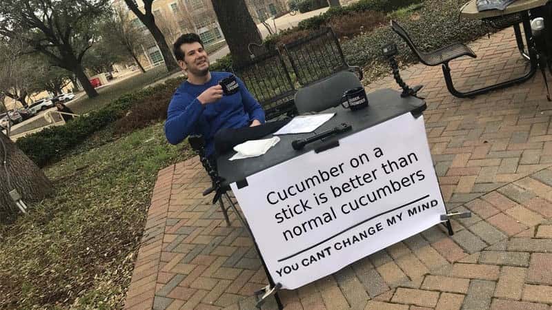 Change my mind meme claims cucumber on stick is better