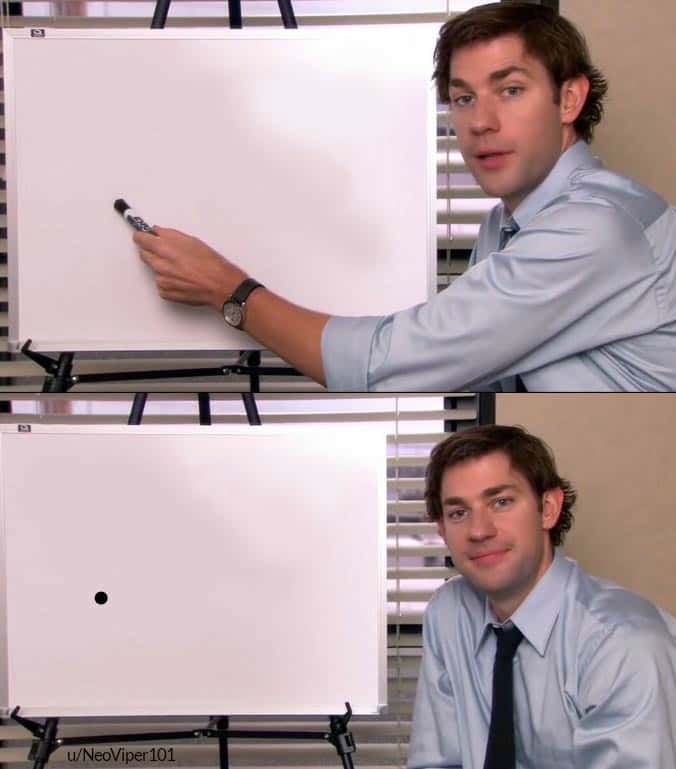 Jim halpert explains whiteboard meme drawing one tiny dot to troll his office coworkers
