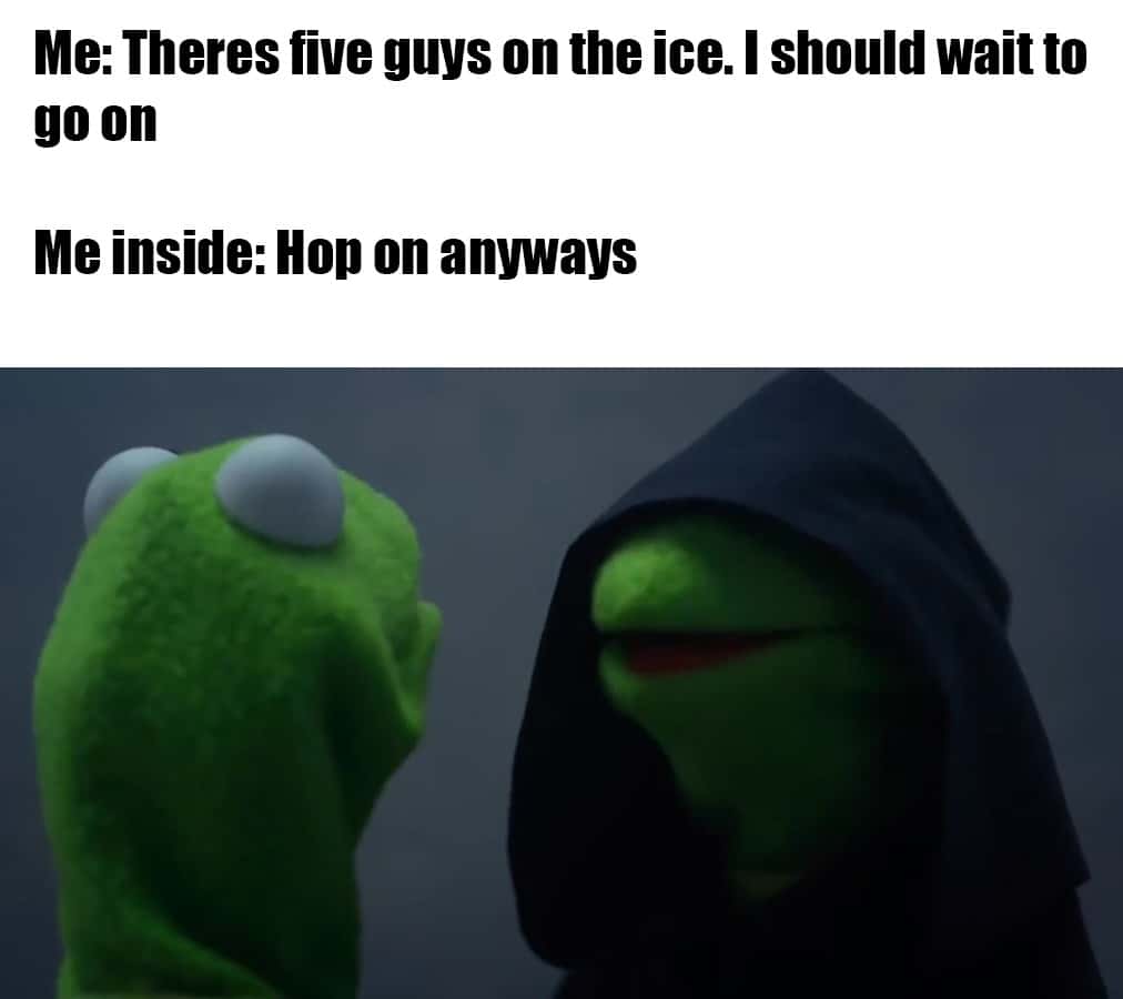 Evil kermit meme hops on ice anyway despite crowd
