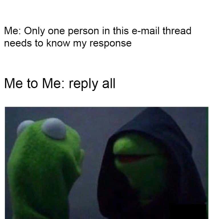 Evil kermit meme reply all in email thread chaos