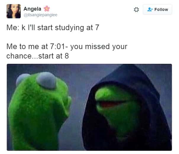 Evil kermit meme missed study time and delays to 8