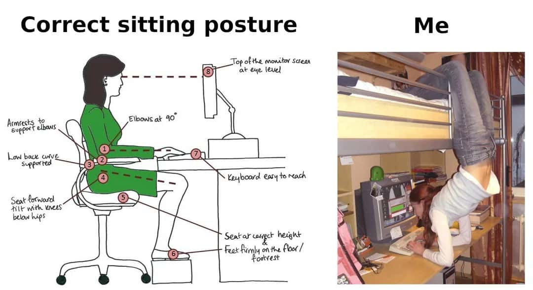 Correct sitting posture 8 Top of the monitor saean at eye level Armrects to Supportelbaws Low bace anve Supporred 3 4 Keybcard eary to reach Seat forward tlt with wrees below hips 2 Elbows at 90° 1 7 5 Seatarongct height Feet firmly onthe floor/ footrest