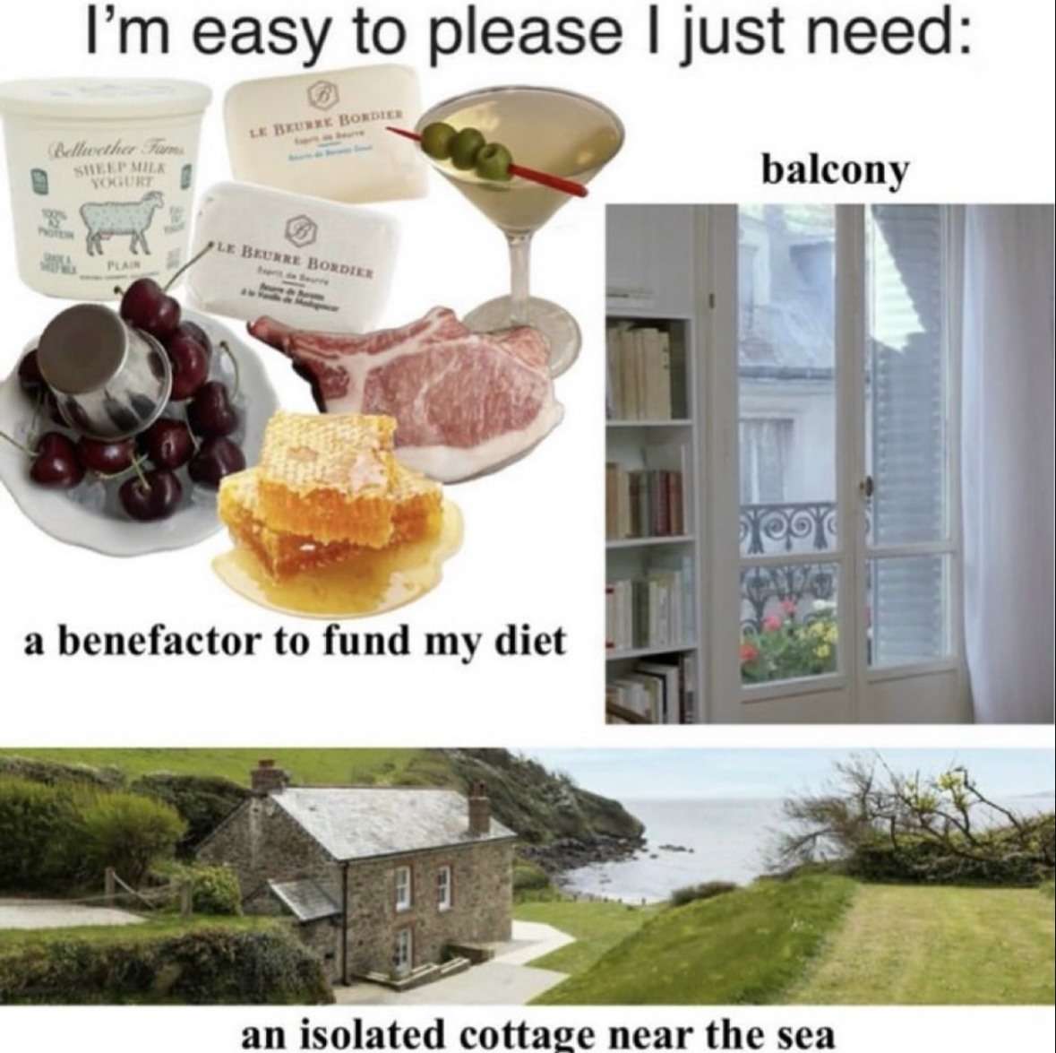 I'm easy to please I just need: balcony / a benefactor to fund my diet / an isolated cottage near the sea