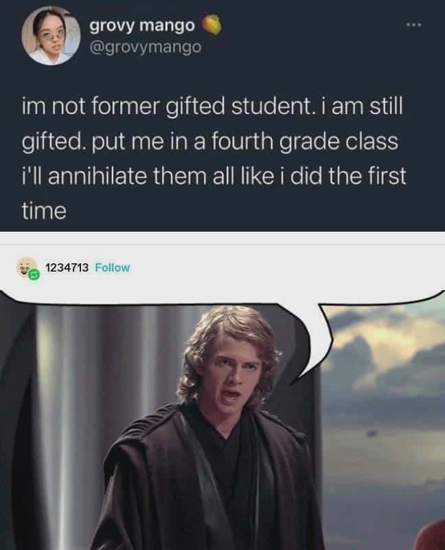 im not former gifted student. i am still gifted. put me in a fourth grade class i'll annihilate them all like i did the first time