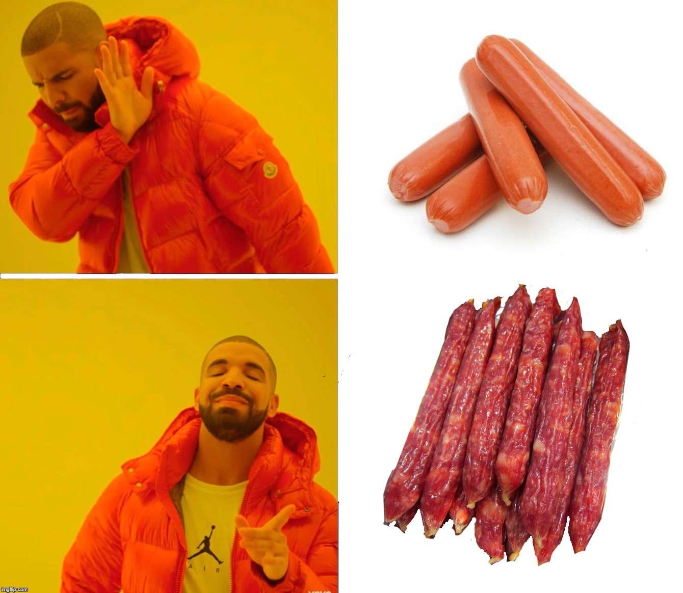 Nah yes drake meme choosing jerky over hot dogs
