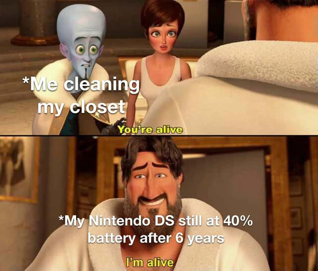 *Me cleaning my closet / You're alive / *My Nintendo DS still at 40% battery after 6 years / I'm alive