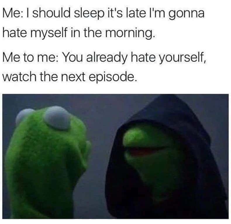 Me: I should sleep it's late I'm gonna hate myself in the morning. / Me to me: You already hate yourself, watch the next episode.