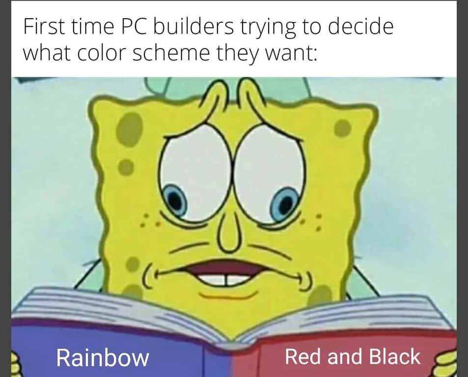 The SpongeBob Cross Eyed meme choosing PC color scheme