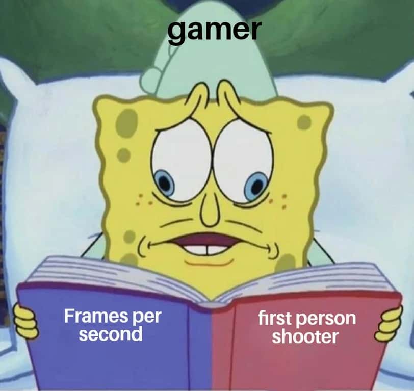 The SpongeBob Cross Eyed meme gamer reading FPS book