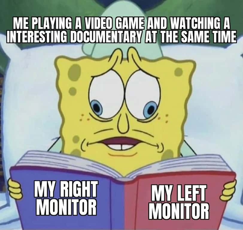 The SpongeBob Cross Eyed meme multitasking with dual monitors