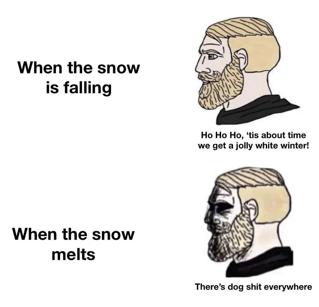 When the snow is falling: Ho Ho Ho, 'tis about time we get a jolly white winter! / When the snow melts: There's dog shit everywhere