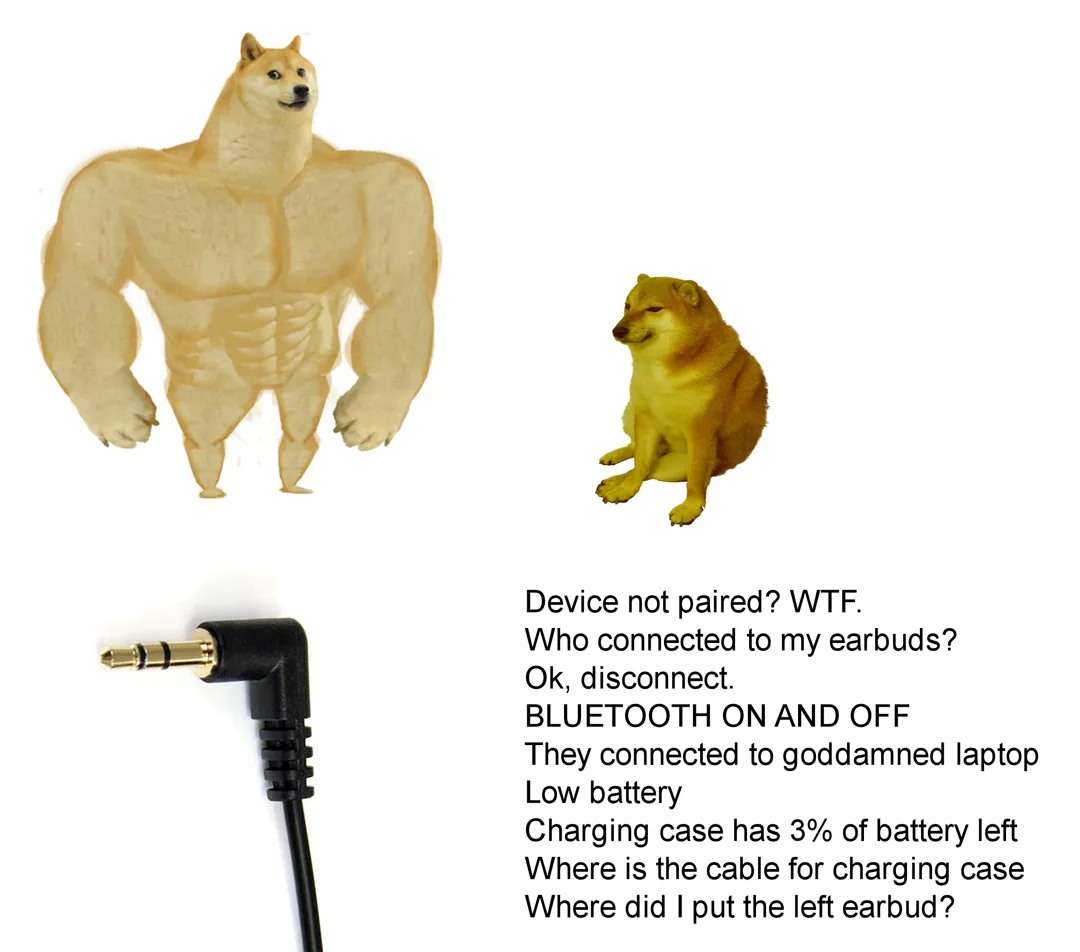 Device not paired? WTF. / Who connected to my earbuds? / Ok, disconnect. BLUETOOTH ON AND OFF / They connected to goddamned laptop Low battery / Charging case has 3% of battery left Where is the cable for charging case Where did I put the left earbud?