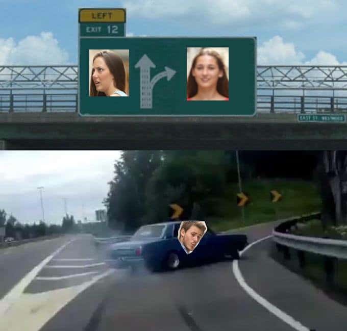 Car swerve meme choosing brunette over blonde fast