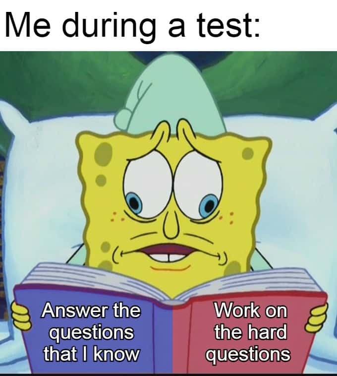 The SpongeBob Cross Eyed meme answering test questions