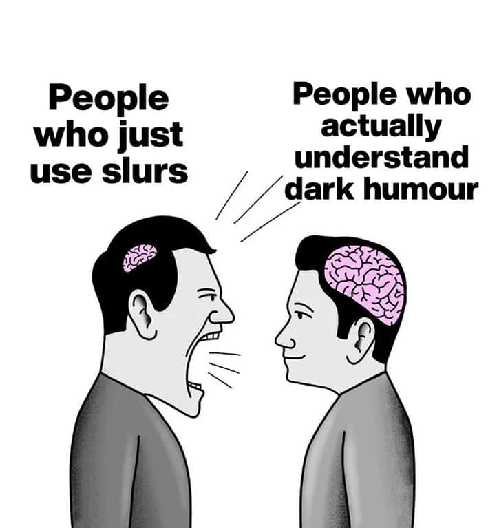 Small brain yelling at big brain meme mad at dark humour fans
