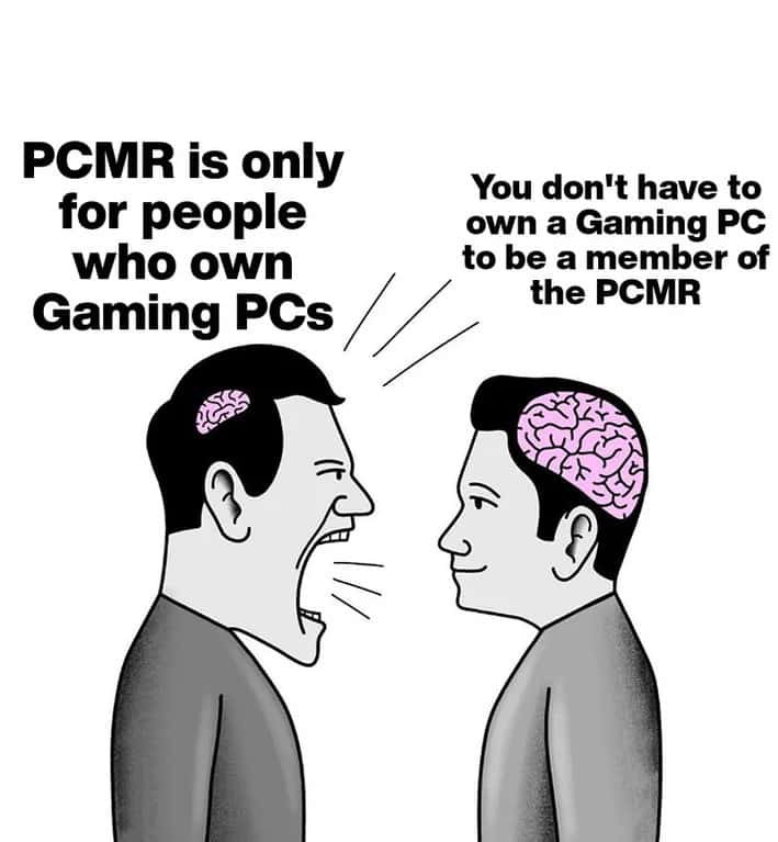 Small brain yelling at big brain meme arguing over pcmr membership