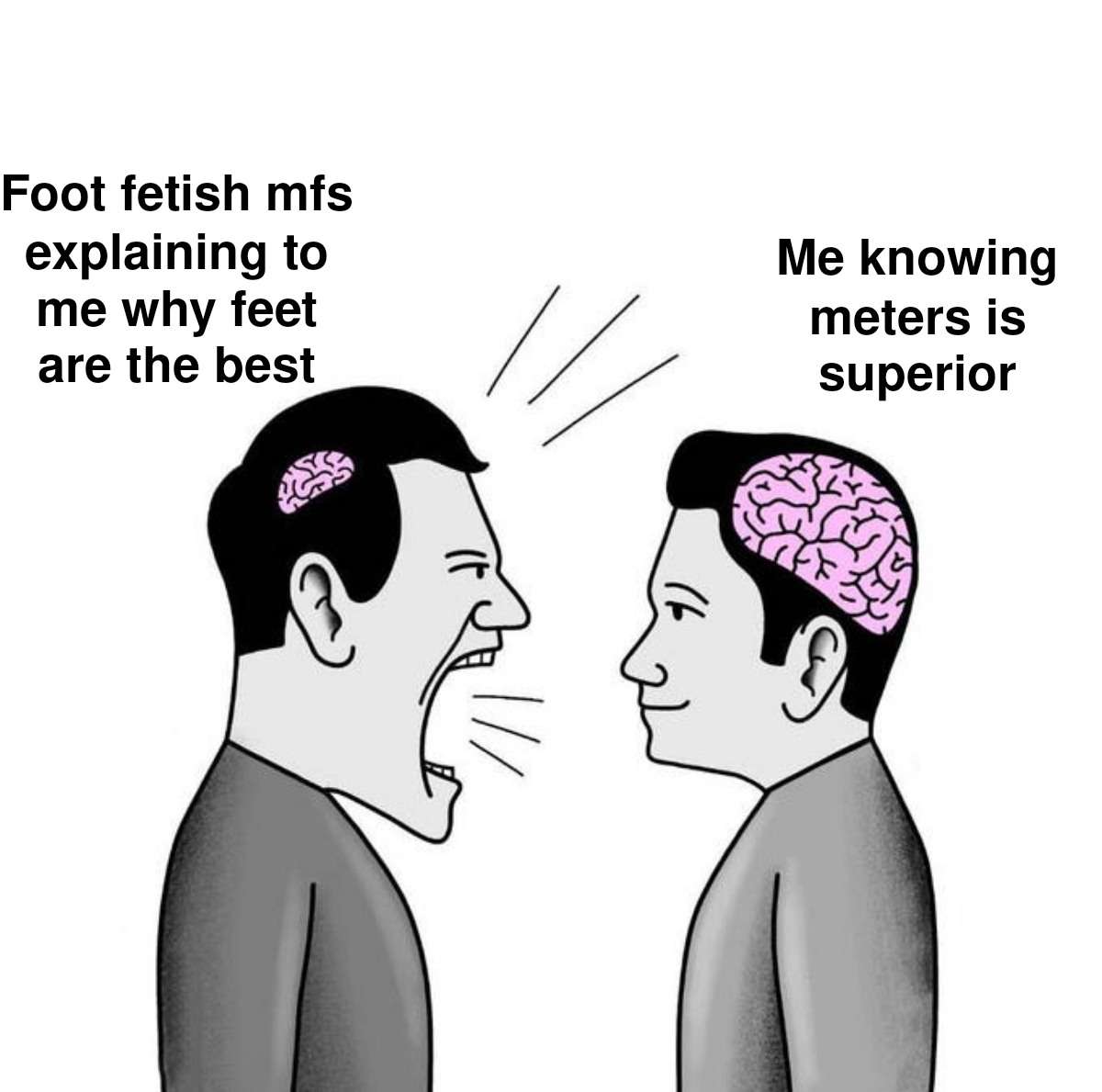 Small brain yelling at big brain meme arguing foot fetish vs meters Small brain yelling at big brain meme arguing foot fetish vs meters