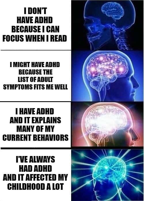 Expanding brain meme realizing ADHD