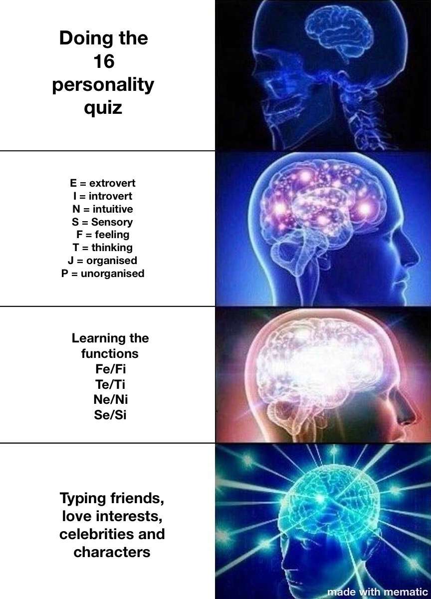 Expanding brain meme typing everyone after 16 personality quiz
